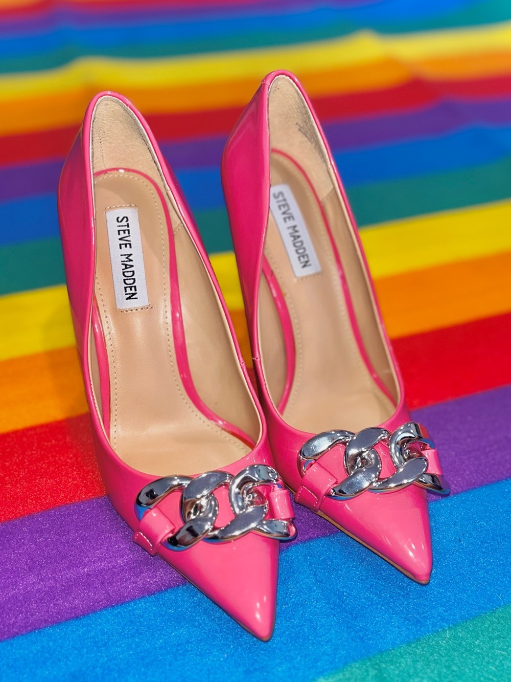 Steve Madden Pink Patent Leather Pointed-Toe Silver Chain Pumps 4 Inch Heel NWOT